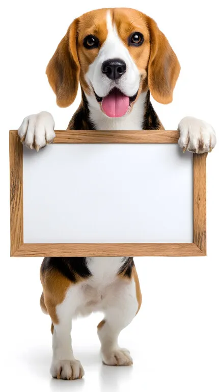 Freundlicher Beagle-Welpe mit leerem Holzrahmen