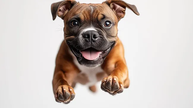 Freundlicher Boxer-Welpe springt in die Kamera