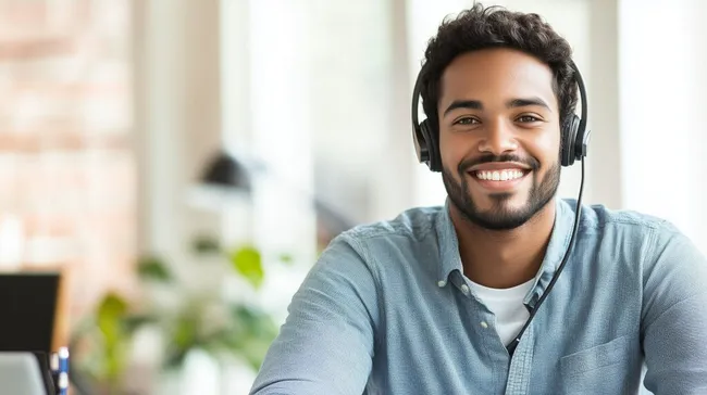 Freundlicher Callcenteragent mit Headset am Arbeitsplatz