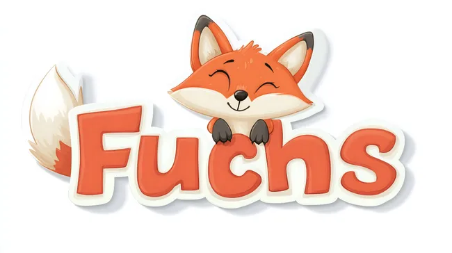 Freundlicher Cartoon-Fuchs auf warmfarbigem Schriftzug