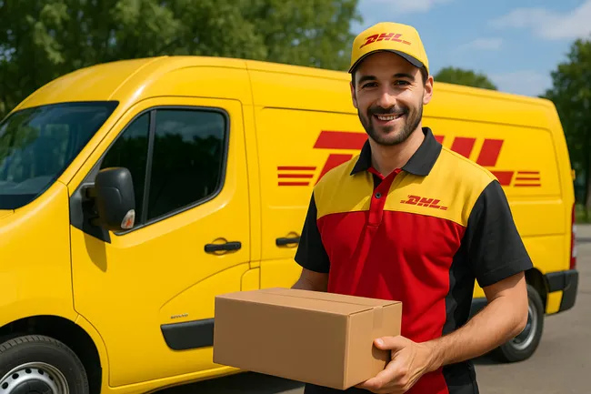 Freundlicher DHL-Zusteller mit Paket vor Lieferwagen