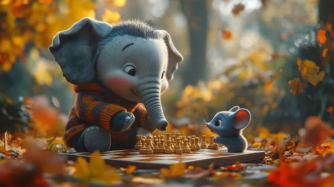 Freundlicher Elefant spielt Schach mit Maus im Herbstwald