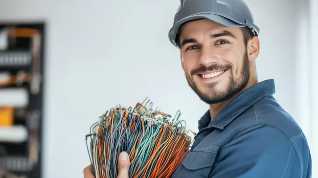 Freundlicher Elektriker präsentiert Kabelsammlung