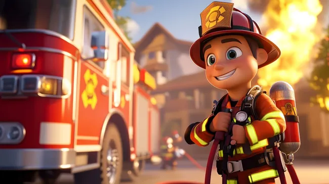 Freundlicher Feuerwehrmann vor Einsatzfahrzeug