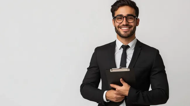 Freundlicher Geschäftsmann mit Klemmbrett in modernem Büro