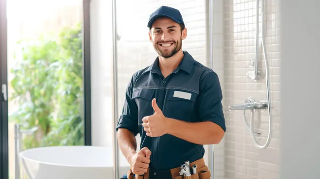 Freundlicher Handwerker mit Daumen hoch in moderner Dusche