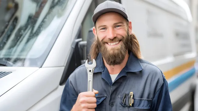 Freundlicher Handwerker mit Schraubenschlüssel vor Lieferwagen