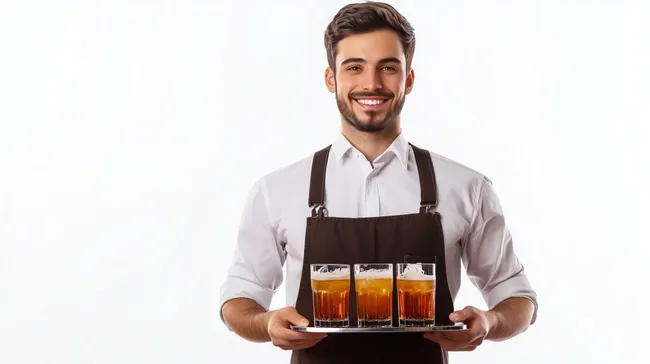 Freundlicher Kellner mit Getränketablett im Service