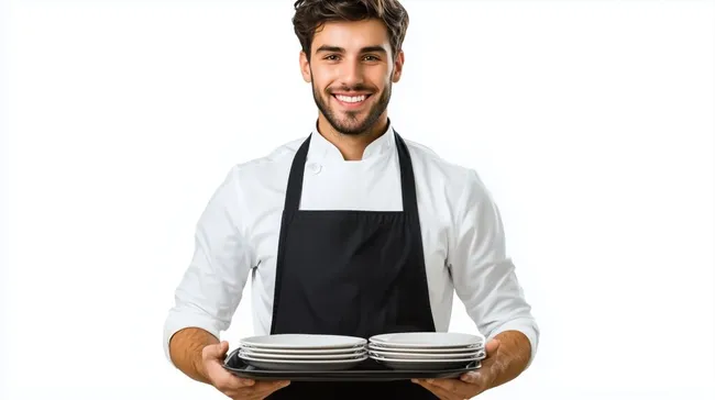 Freundlicher Kellner präsentiert Teller in weißer Uniform