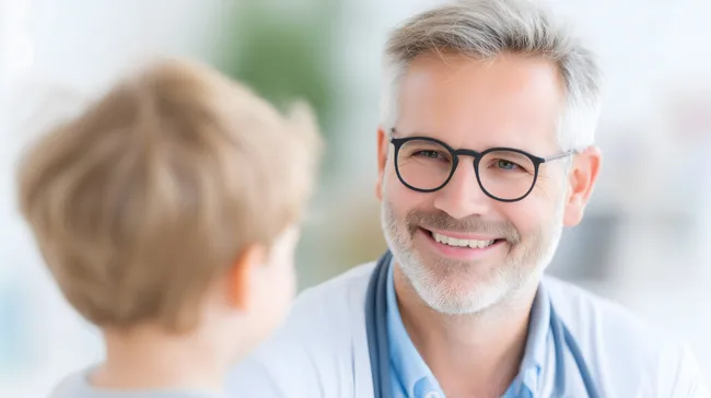 Freundlicher Kinderarzt berät Patienten in Arztpraxis