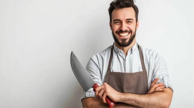 Freundlicher Koch in Schürze mit Fleischermesser