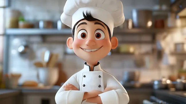 Freundlicher Koch in weißer Uniform in moderner Küche