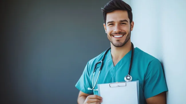 Freundlicher Krankenhausmitarbeiter mit Patientenakte