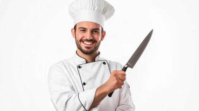 Freundlicher Küchenmanager mit Küchenmesser in weißer Uniform