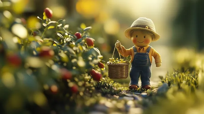 Freundlicher Miniatur-Landwirt mit Beerenkorb im sonnendurchfluteten Garten