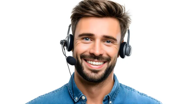 Freundlicher Mitarbeiter mit Headset lächelnd am Arbeitsplatz