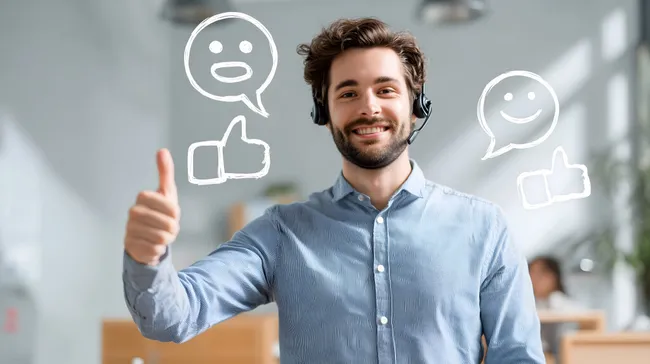 Freundlicher Mitarbeiter mit positivem Feedback-Symbol