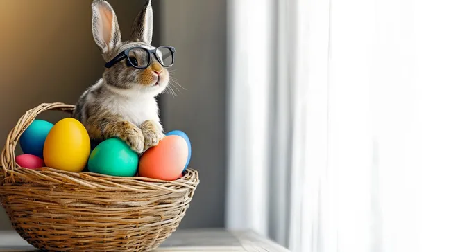 Freundlicher Osterhase mit Brille in Korb voller bunter Eier