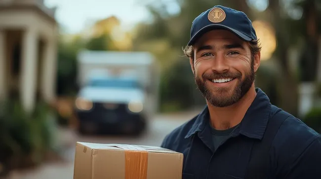 Freundlicher Paketzusteller überbringt lächelnd Lieferung