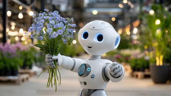 Freundlicher Roboter hält Blumenstrauß in Garten