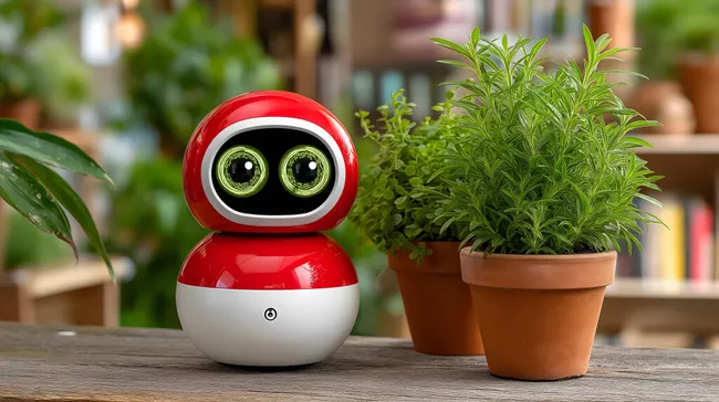 Freundlicher Roboter mit großen Augen neben Pflanze