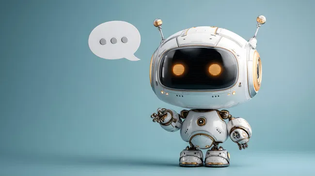 Freundlicher Roboter mit Sprachblase vor blauem Hintergrund