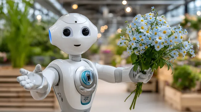 Freundlicher Serviceroboter mit Blumenstrauß in Gewächshausumgebung