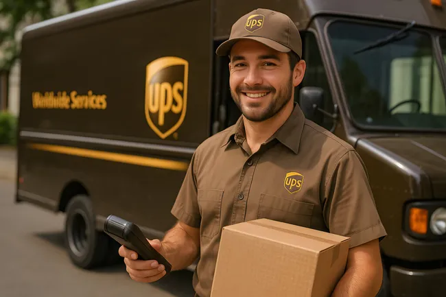 Freundlicher UPS-Zusteller lächelnd mit Paket vor Lieferwagen