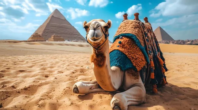 Freundliches Kamel vor ägyptischen Pyramiden