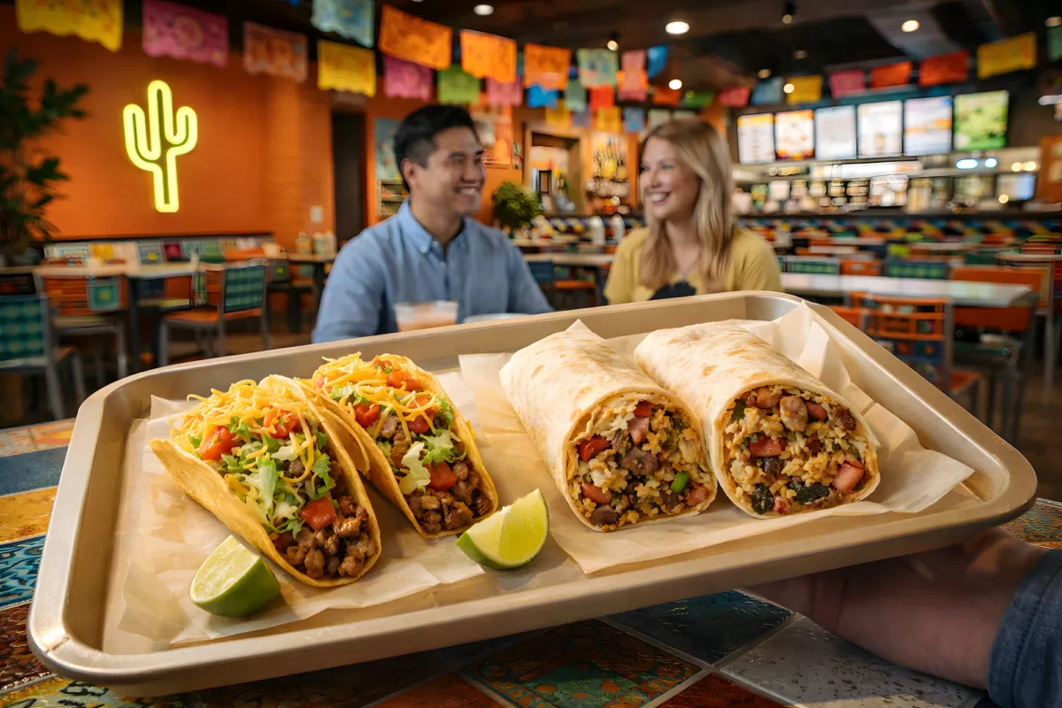 Freundliches Paar genießt mexikanische Tacos im bunten Lokal