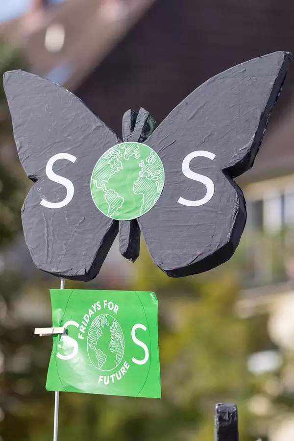 Fridays for Future "SOS" Butterfly with planet earth - protest sign at the climate strike march in Cologne, Germany