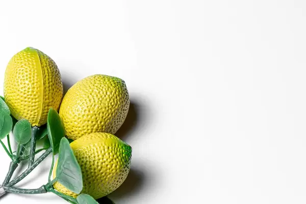 Fridge magnets yellow lemons with green leaves. Top view (Flip 2020)