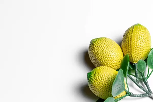 Fridge magnets yellow lemons with green leaves. Top view