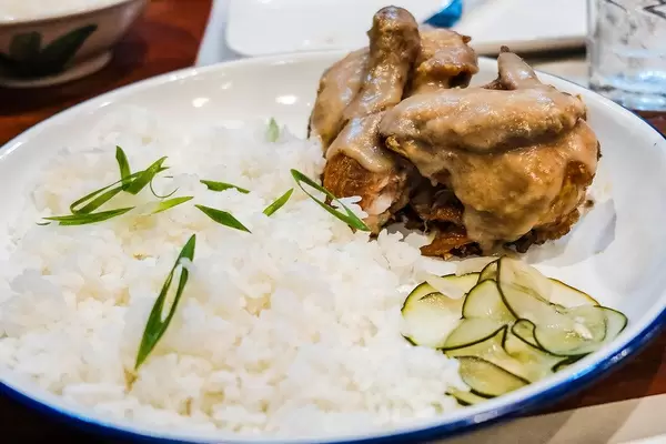 Fried chicken covered in gravy served with rice (Flip 2019)