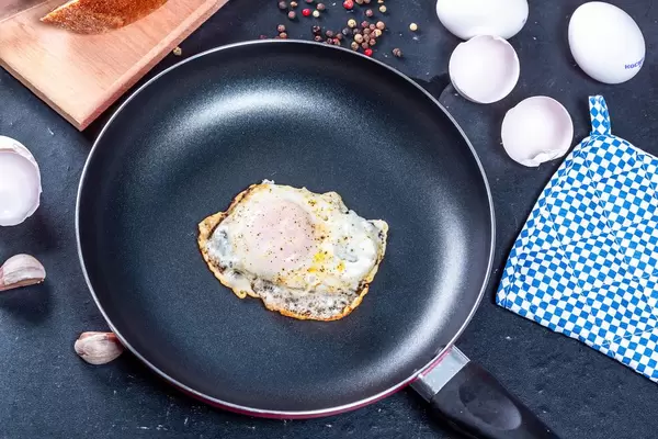 Fried chicken eggs on pan. The view from the top. Flatley