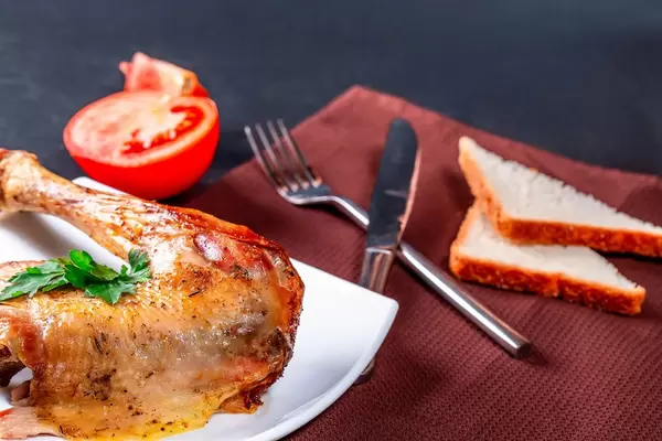 Fried chicken leg on a plate with Cutlery