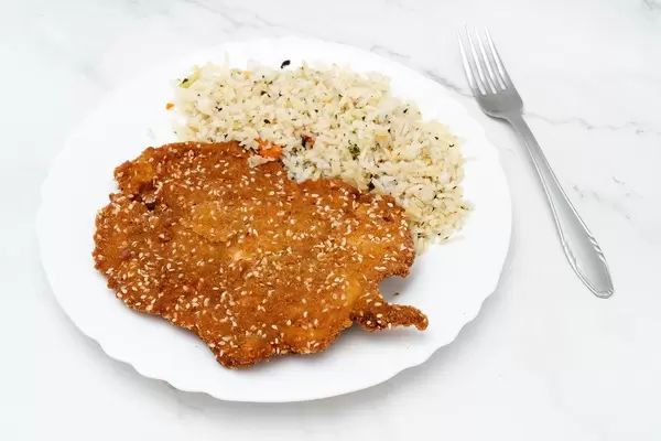 Fried Chicken meat with cooked Rice served on the plate (Flip 2019)