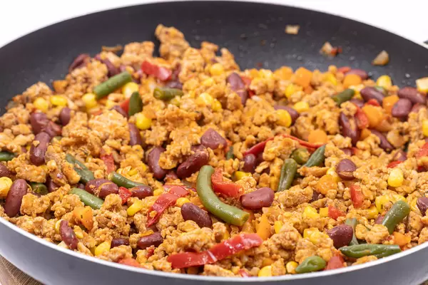 Fried Minced Meat with Vegetables in the frying pan
