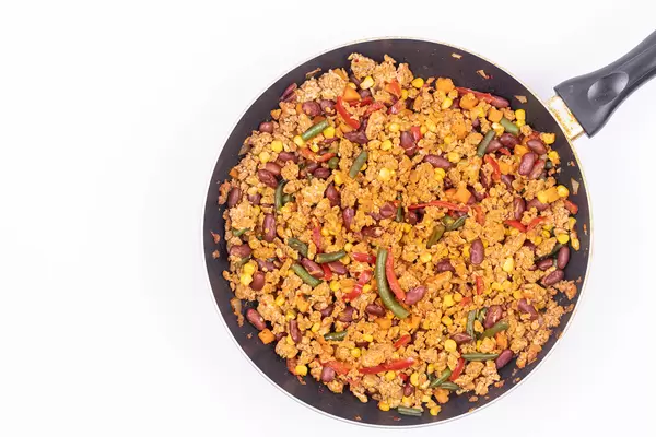 Fried Minced Meat with Vegetables with copy space above white