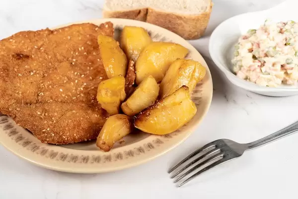 Fried Pork Meat with baked Potatoes and Vegetable salad (Flip 2019)