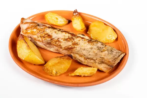 Fried Pork Steak and Potatoes isolated on a clay plate (Flip 2019)