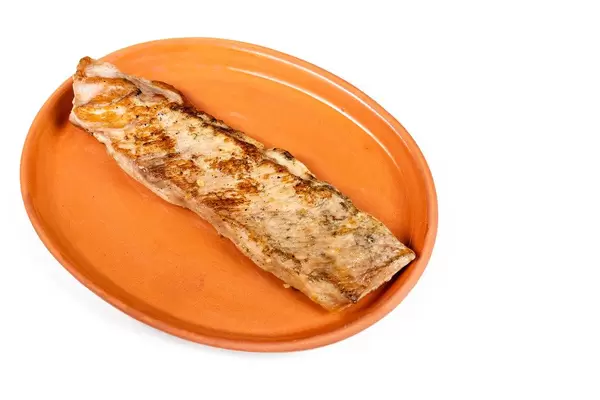 Fried Pork Steak isolated on a clay plate (Flip 2019)