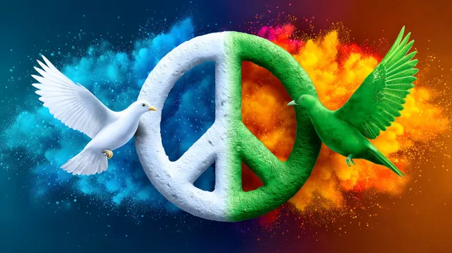 Friedenssymbol mit weißen und grünen Tauben