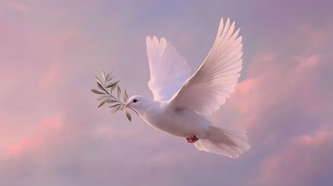 Friedenstaube mit Olivenzweig vor farbenfrohem Himmel