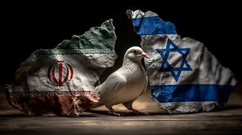 Friedenstaube zwischen iranischer und israelischer Flagge