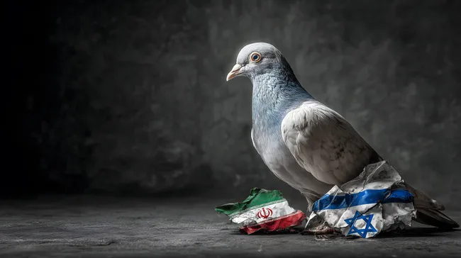 Friedenstaube zwischen zerrissenen Iran- und Israel-Flaggen