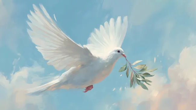 Friedenstaubenflug mit Olivenzweig vor Himmel