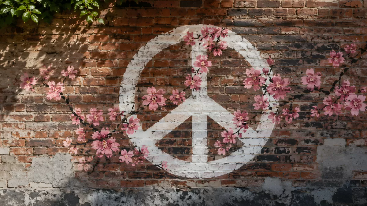 Friedenszeichen mit Kirschblüten auf Backsteinmauer