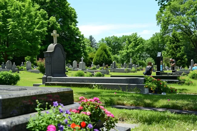 Friedhof mit Grabsteinen in grüner Parklandschaft