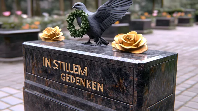 Friedhofs-Denkmal mit Rabe und Blumen